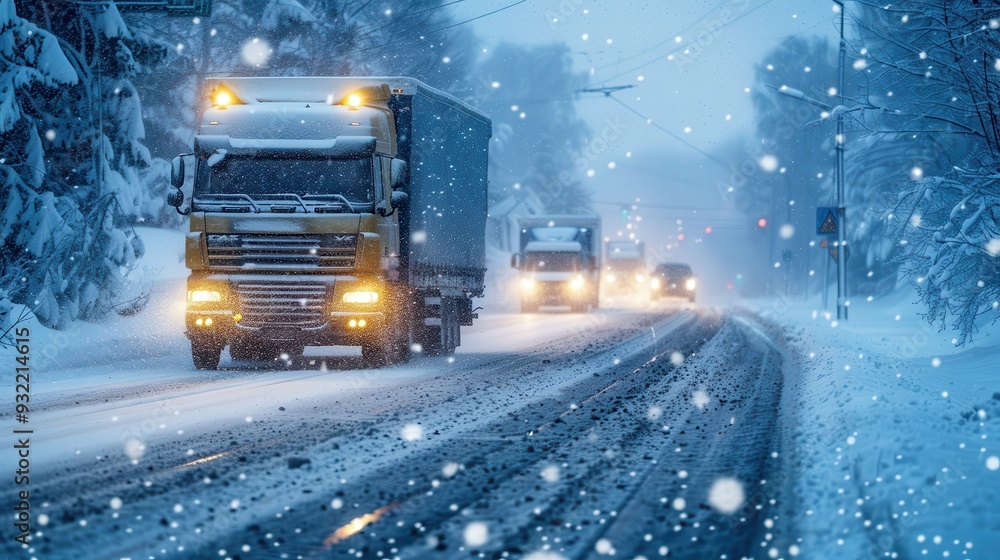 A large truck drives through falling snow, struggling with low visibility on a winter road A large truck drives through falling snow, struggling with low visibility on a winter road