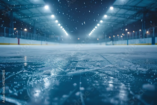 A hockey rink covered in snow at night