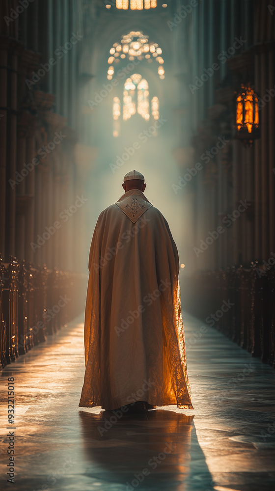 An ancient Pope seen from behind walking in a cathedral. (AI generated) An ancient Pope seen from behind walking in a cathedral. (AI generated)
