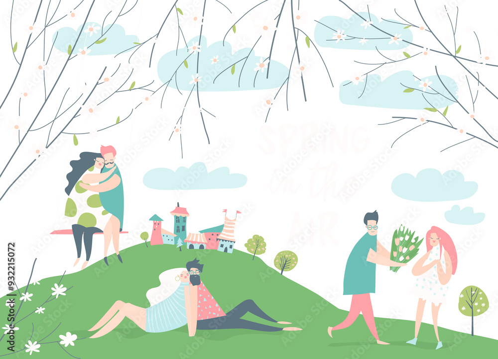 Cartoon happy couples in love in spring garden. Joyful emotions Cartoon happy couples in love in spring garden. Joyful emotions
