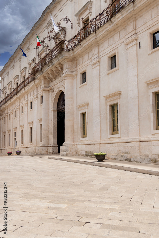 Facade of Palazzo Ducale, located at Piazza Rome next to Porta di Santo Stefano, Martina Franca, Italy, Puglia
