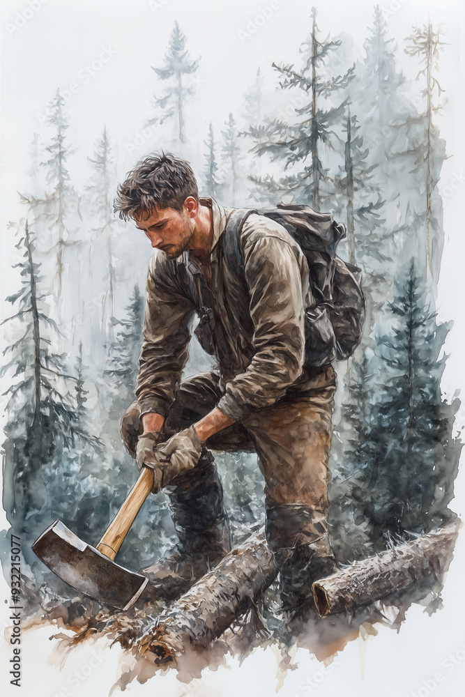 Watercolor painting of a young man using an ax to cut wood in the forest. Watercolor painting of a young man using an ax to cut wood in the forest.