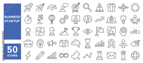 Set of 50 line icons related to business startup, invest, launch, funding, development, innovation, vision, entrepreneurship, Editable stroke. Vector illustration