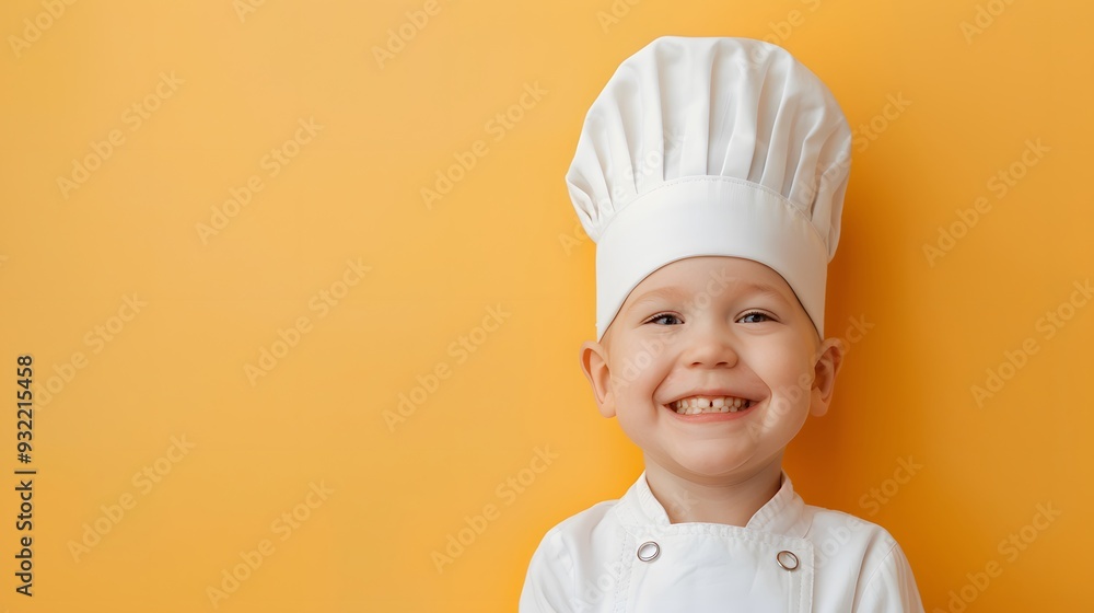 A young boy wearing a chef's hat and apron stands A young boy wearing a chef's hat and apron stands