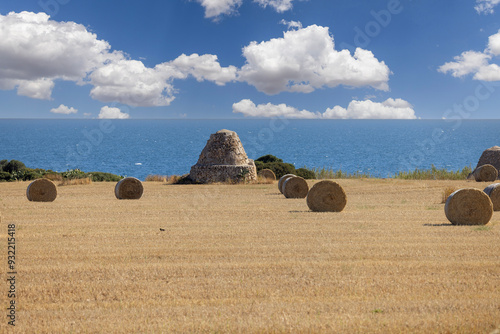 Konstfotografi Picturesque view of the farm field after harvest, large straw bales and old trul