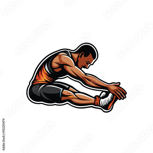 A cartoon illustration of a man in athletic wear, stretching his legs by reaching for his toes.