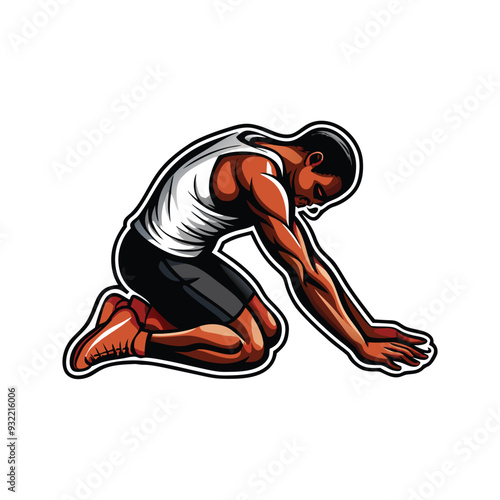 A muscular man in athletic wear is kneeling on the ground with his hands outstretched.