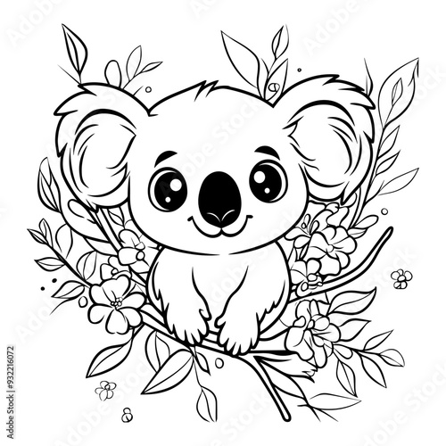 Koala coloring page, Cute cartoon style with black lines and white background. photo