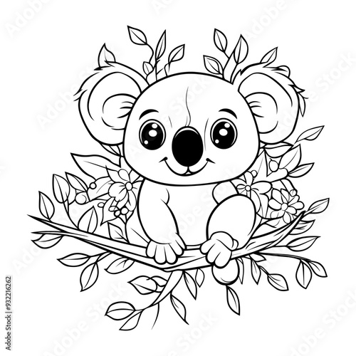 Koala coloring page, Cute cartoon style with black lines and white background.