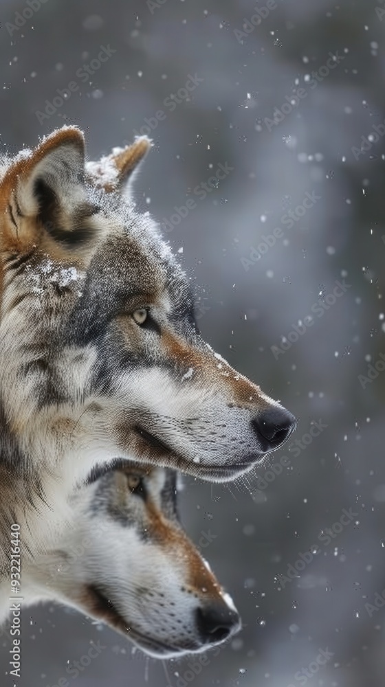 Two wolves share a moment, gazing intently in a snowy landscape Two wolves share a moment, gazing intently in a snowy landscape