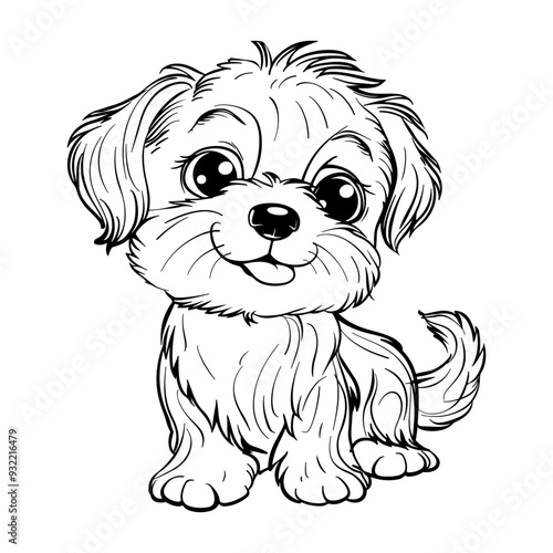 Cute Puppy coloring page, Line art of happy puppy sitting cartoon vector on white background.