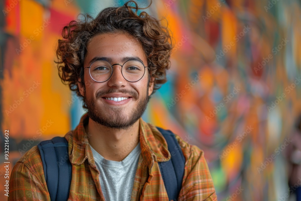 closeup of creative smiling student with curly hair and glasses on colorful background closeup of creative smiling student with curly hair and glasses on colorful background