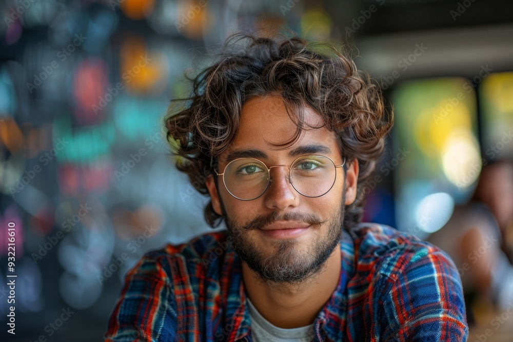 closeup of creative smiling student with curly hair and glasses on colorful background, male portrait closeup of creative smiling student with curly hair and glasses on colorful background, male portrait