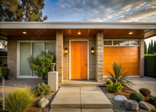 Wallpaper Mural A sleek vintage orange front door adorns the mid-century modern home exterior, exuding a nostalgic and stylish ambiance that rejuvenates the senses. Torontodigital.ca