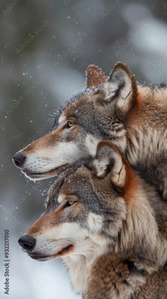 Two wolves gaze into the distance, their fur dusted with snow in a serene winter setting Two wolves gaze into the distance, their fur dusted with snow in a serene winter setting