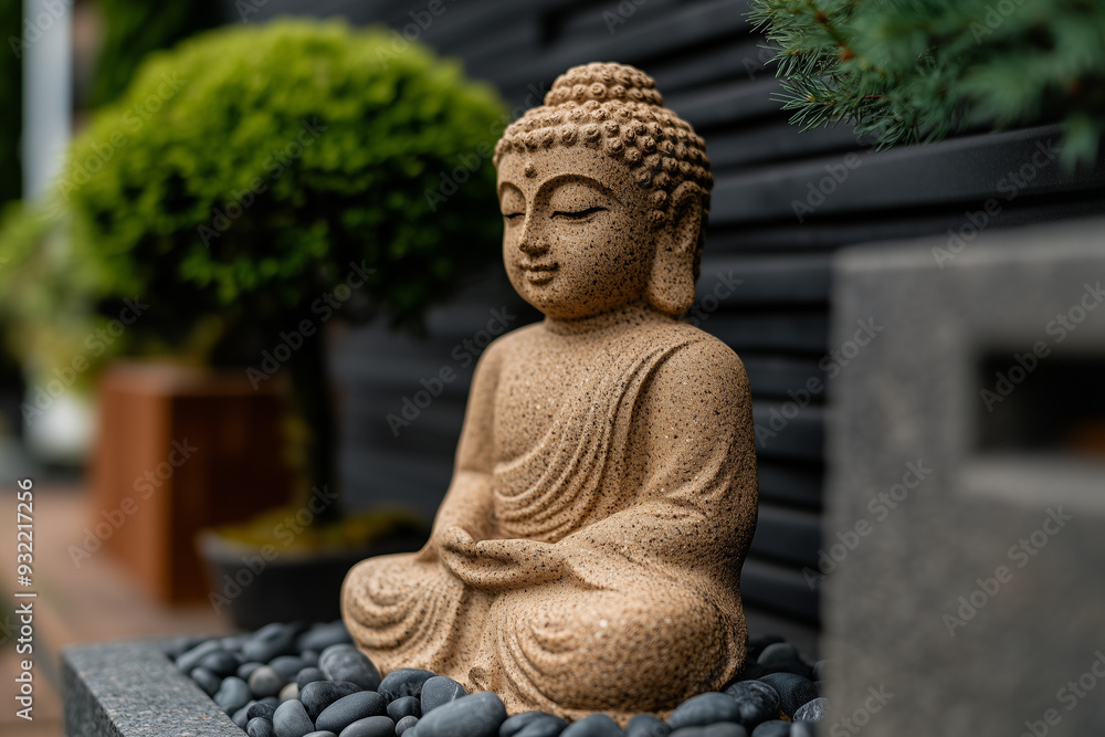Tranquil stone buddha statue peacefully meditating in a modern zen garden, evoking a feeling of serenity and presence Tranquil stone buddha statue peacefully meditating in a modern zen garden, evoking a feeling of serenity and presence
