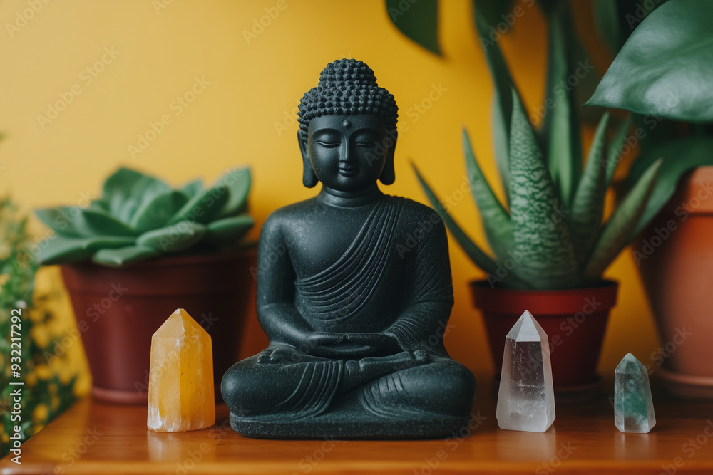 Serene black buddha statue meditating on a wooden surface, surrounded by vibrant greenery and colorful crystals, evoking a peaceful and spiritual atmosphere Serene black buddha statue meditating on a wooden surface, surrounded by vibrant greenery and colorful crystals, evoking a peaceful and spiritual atmosphere