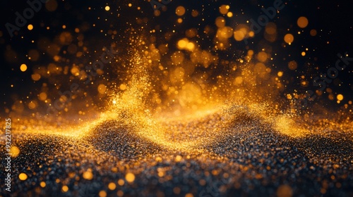 Vivid sand eruption with shimmering particles of gold dispersing against a rich, dark background