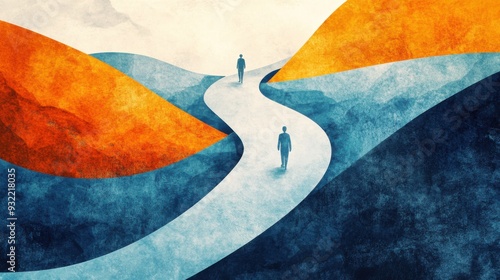 Abstract portrayal of two figures walking on a winding path through vivid landscapes.
