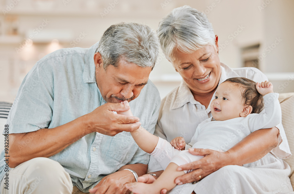 Obraz premium Love, grandparents and baby on sofa in home with kissing, playing and bonding with smile in living room. Happy family, senior people and grandchild in house with care, support and security for visit