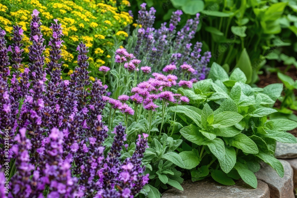 Obraz premium Diverse herb garden with blooming lavender, sage, and mint plants, highlighting their rich colors and textures.