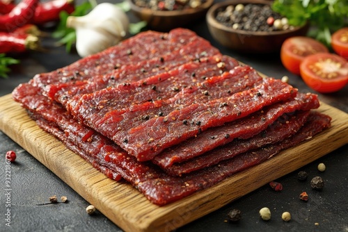 Spicy beef jerky lying on wooden cutting board with herbs and spices