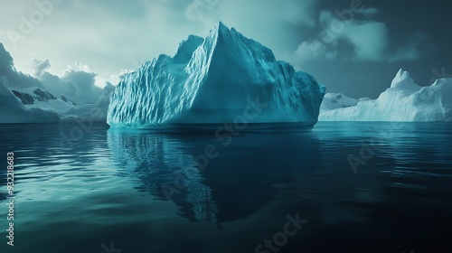 A large iceberg floats in the arctic sea under a cloudy sky, reflecting in the calm water.