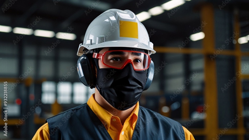 Employee factory industry a man wear mask glasses helmet safety worker working in warehouse machine. Employee factory industry a man wear mask glasses helmet safety worker working in warehouse machine.