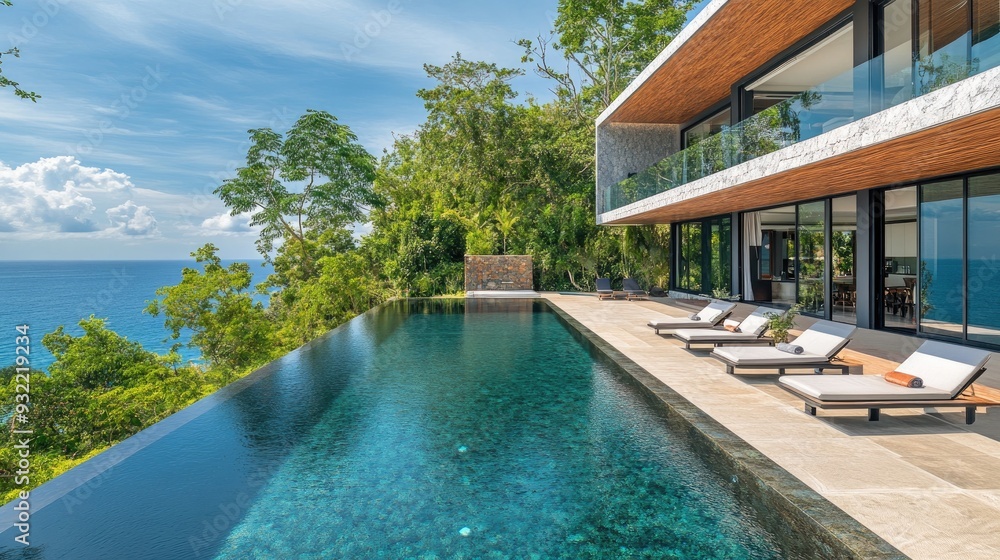 Fototapeta premium Luxurious infinity pool overlooking tropical ocean at a modern villa