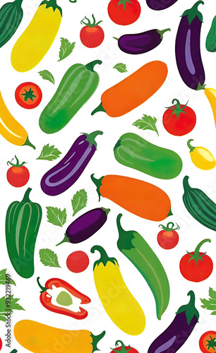 full color silkscreen printing, perfect silhouettes of eggplants, zucchini, tomatoes, peppers, cucumbers on a white background, background for advertising vegetables and fruits