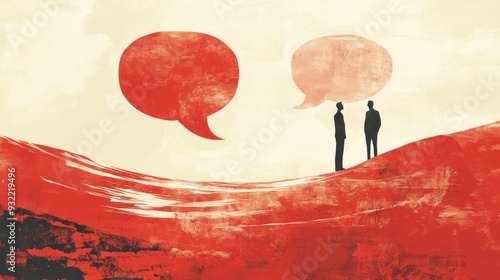 Abstract concept of two people communicating on a red landscape with speech bubbles