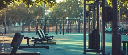 exercise machines are set at open air gym in stadium. Park, outdoor, public or street gym