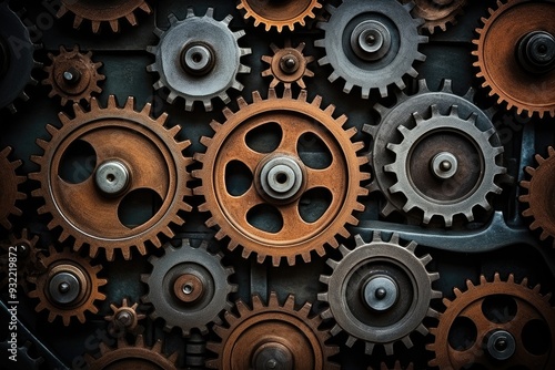 Closeup of vintage metallic clockwork gears interlocking with each other