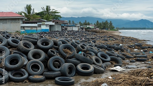 A large pile of discarded tires litters a beach in a developing country, highlighting the issue of environmental pollution.
