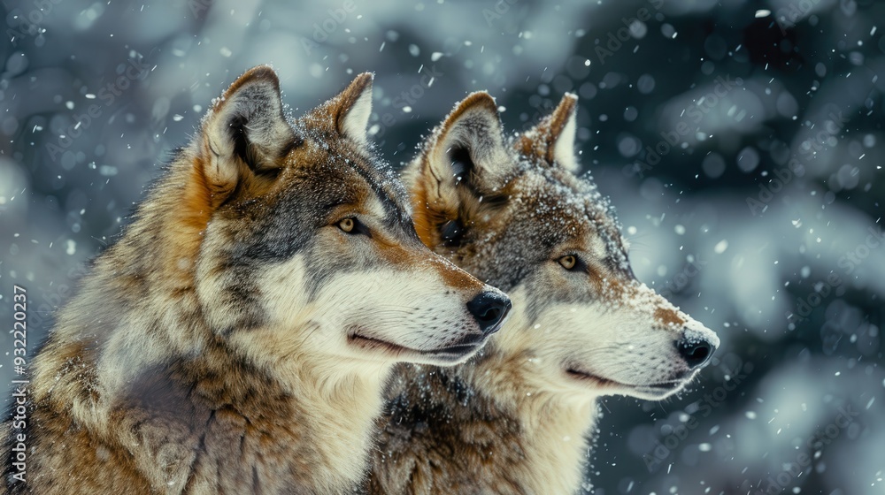 Obraz premium Two wolves stand side by side, gazing into the distance as snowflakes gently fall around them