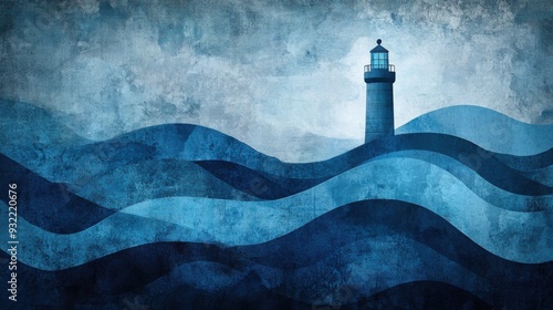 Blue lighthouse painting with waves symbolizing guidance and hope in a stormy sea.