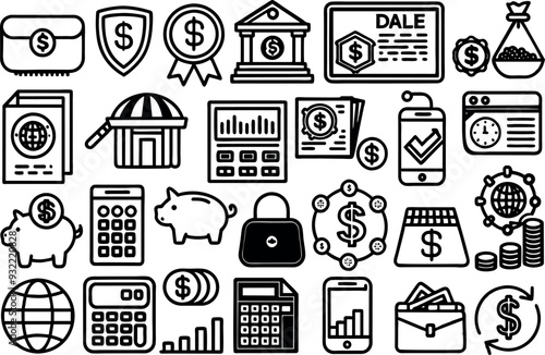 Finance related concept such as Dollar sign, bank, credit card, piggy bank, wallet & many more editable stroke outline icons isolated on white background flat vector illustration