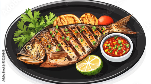 Platter with grilled tilapia, kenkey, and hot pepper sauce photo