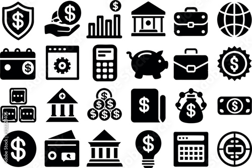 Finance related concept such as Dollar sign, bank, credit card, piggy bank, wallet & many more editable stroke outline icons isolated on white background flat vector illustration