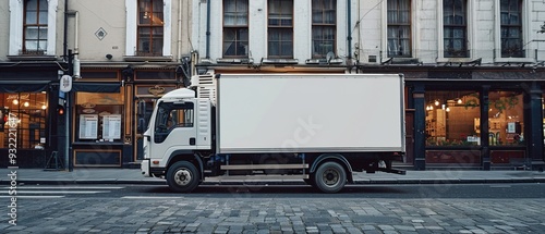 Delivery cargo truck with blank white board for mockup information is parked at urban street  photo