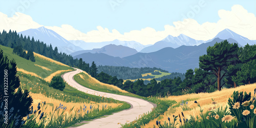 Roman road winding through a valley, with mountains in the distance and forested hills, flat illustration