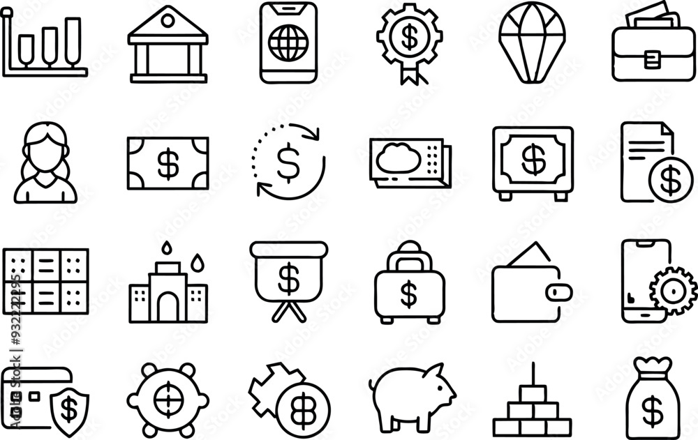 Finance related concept such as Dollar sign, bank, credit card, piggy bank, wallet & many more editable stroke outline icons isolated on white background flat vector illustration Finance related concept such as Dollar sign, bank, credit card, piggy bank, wallet & many more editable stroke outline icons isolated on white background flat vector illustration