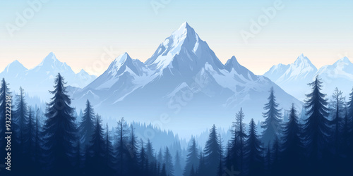 Snow-covered peaks rising sharply with layered ridges, clear sky background, surrounded by dense forest, flat illustration