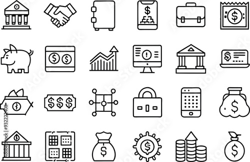 Finance related concept such as Dollar sign, bank, credit card, piggy bank, wallet & many more editable stroke outline icons isolated on white background flat vector illustration