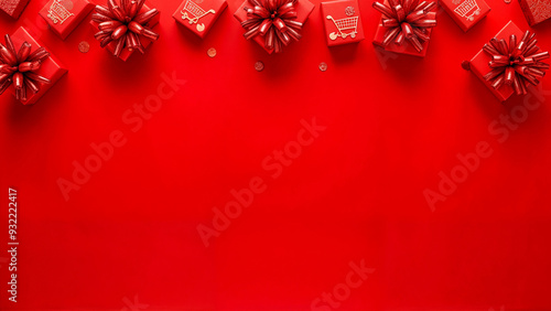 A banner of many red gift boxes with shopping cart decorations on a red glitter background
