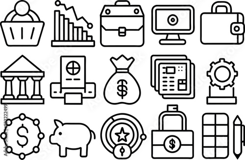 Finance related concept such as Dollar sign, bank, credit card, piggy bank, wallet & many more editable stroke outline icons isolated on white background flat vector illustration