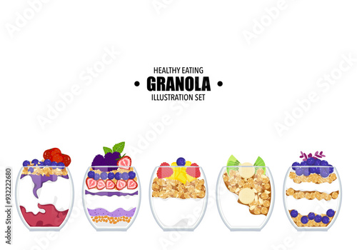 Vector illustration of healthy food, fruit Berries with yogurt and granola Delicious layered cream dessert in glass icon isolated on background. Nuts, grains, oatmeal, and berries in glass vector.
