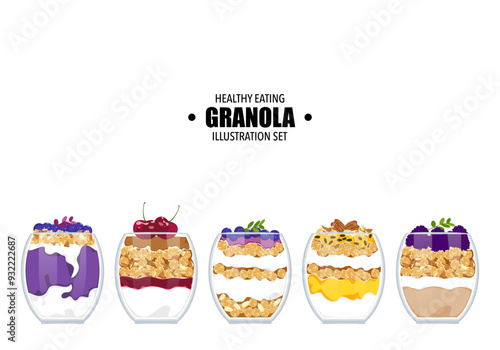 Vector illustration of healthy food, fruit Berries with yogurt and granola Delicious layered cream dessert in glass icon isolated on background. Nuts, grains, oatmeal, and berries in glass vector.
