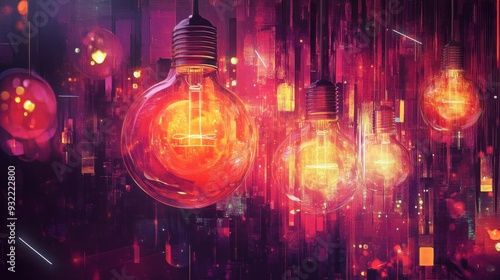 Wallpaper Mural Glowing light bulbs hanging in abstract neon red and purple urban landscape Torontodigital.ca