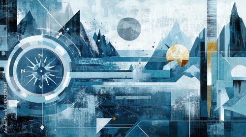 Abstract geometric landscape with compass and mountains in modern blue tonal art style.